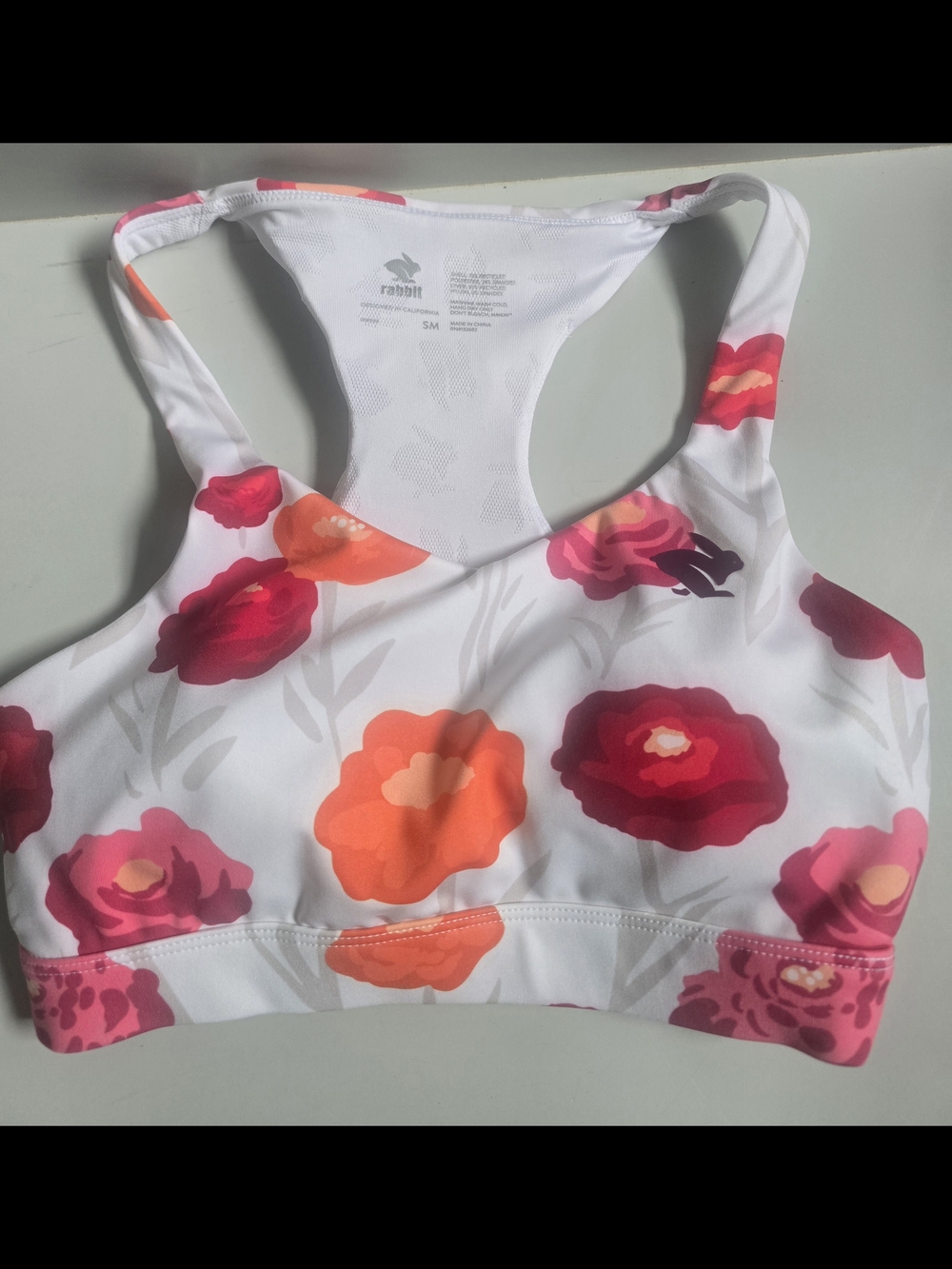 Rabbit Run Floral Racerback Pocket Sports Bra - White with Pink & Orange Flowers